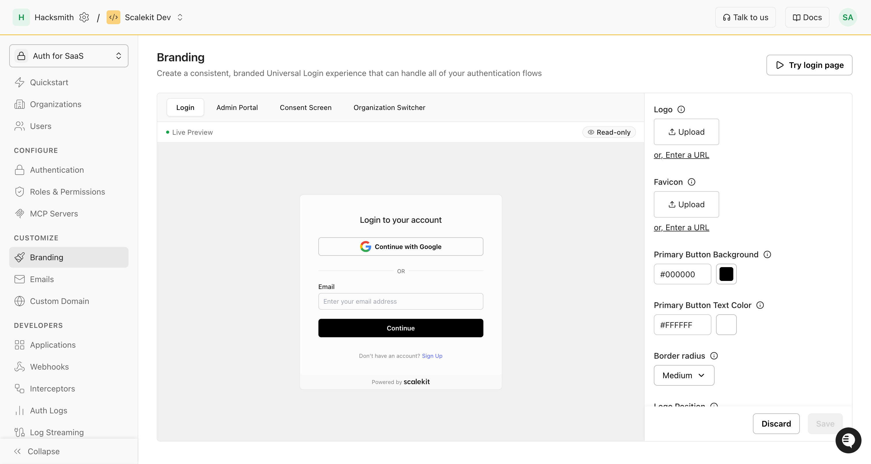 Scalekit Branding page with a login page preview and controls for logo, favicon, button colors, border radius, and logo position