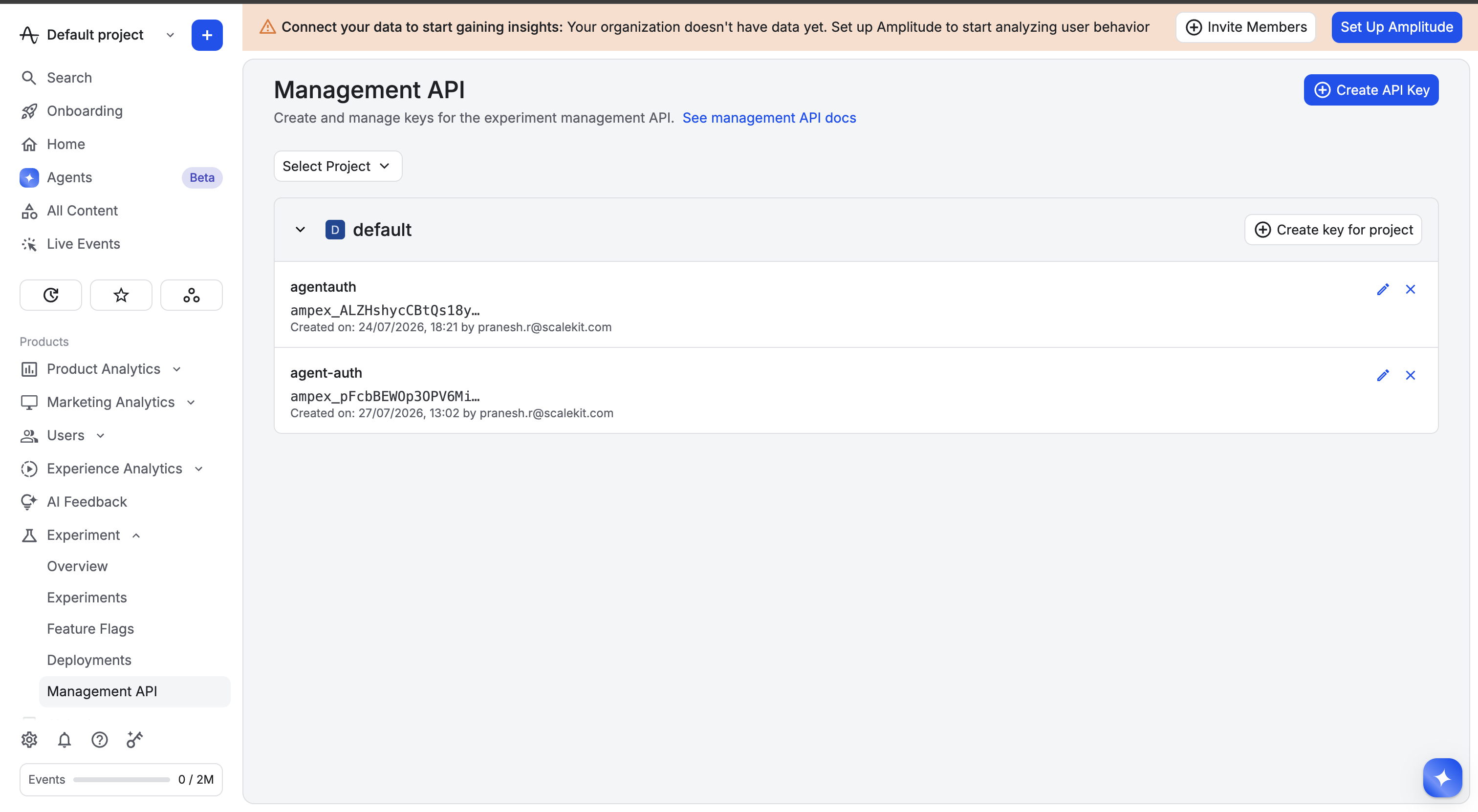 Amplitude Experiment Management API page showing existing keys per project
