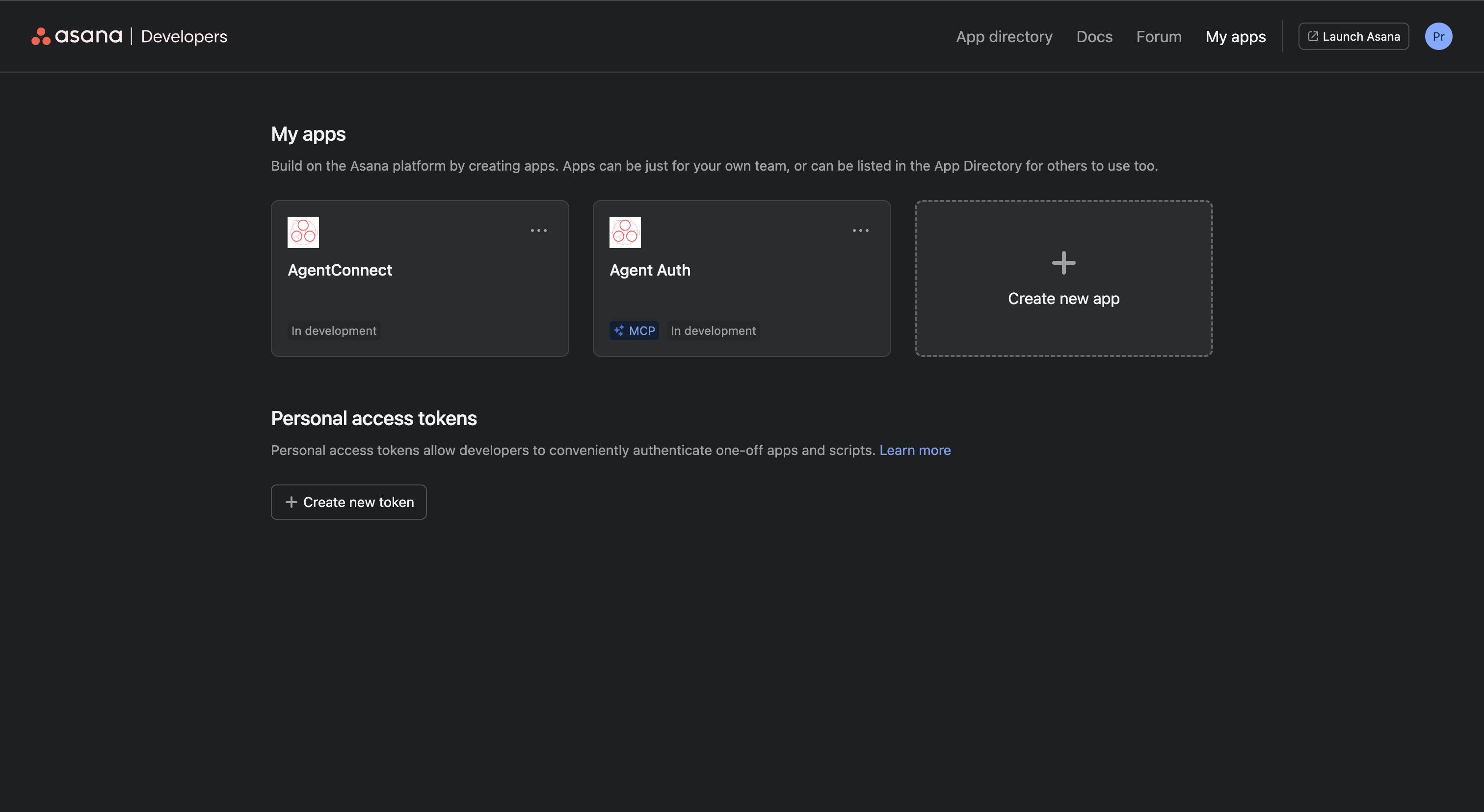 Asana developer console showing existing apps and the Create new app button