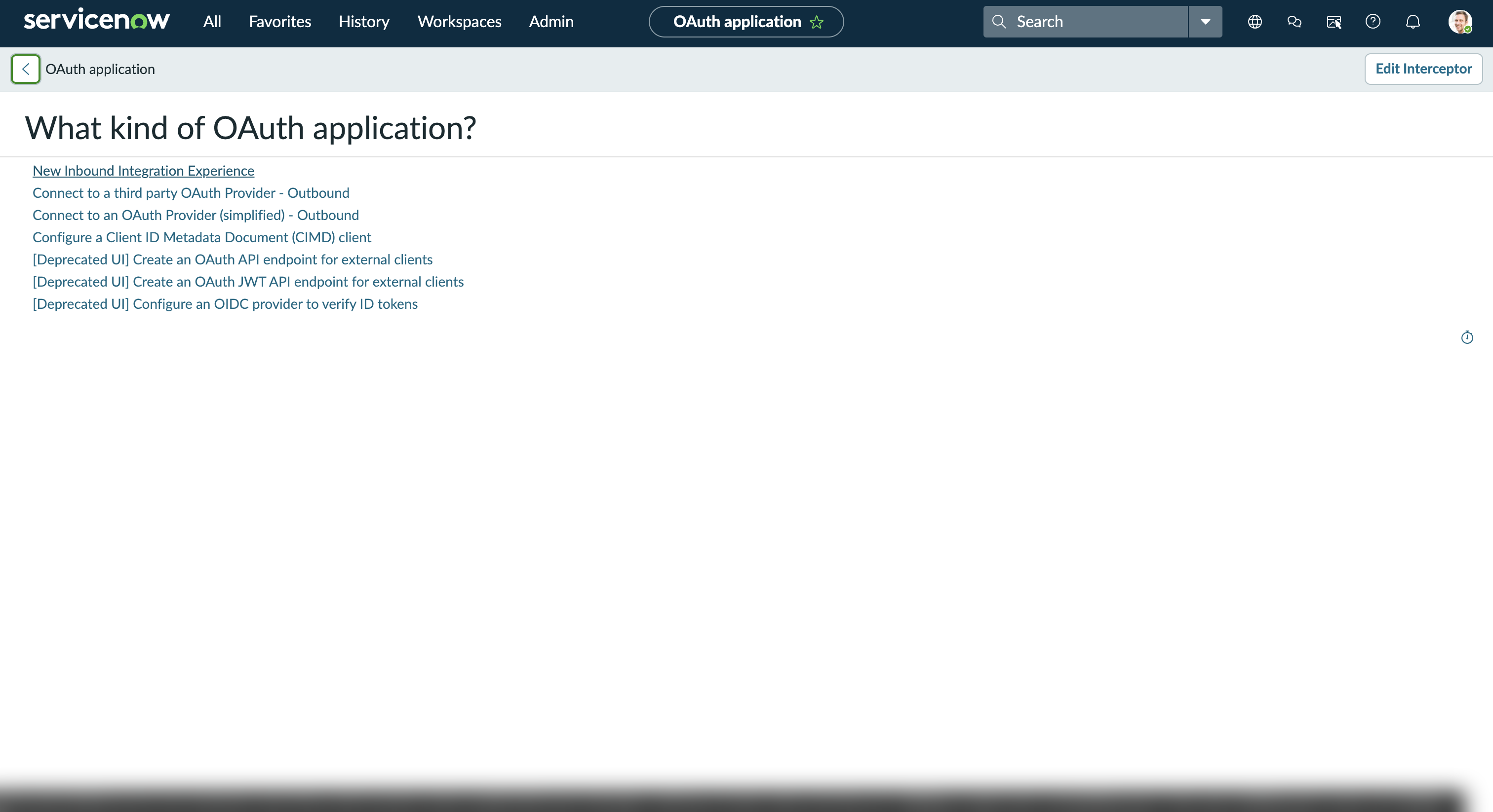 OAuth application type picker with New Inbound Integration Experience highlighted