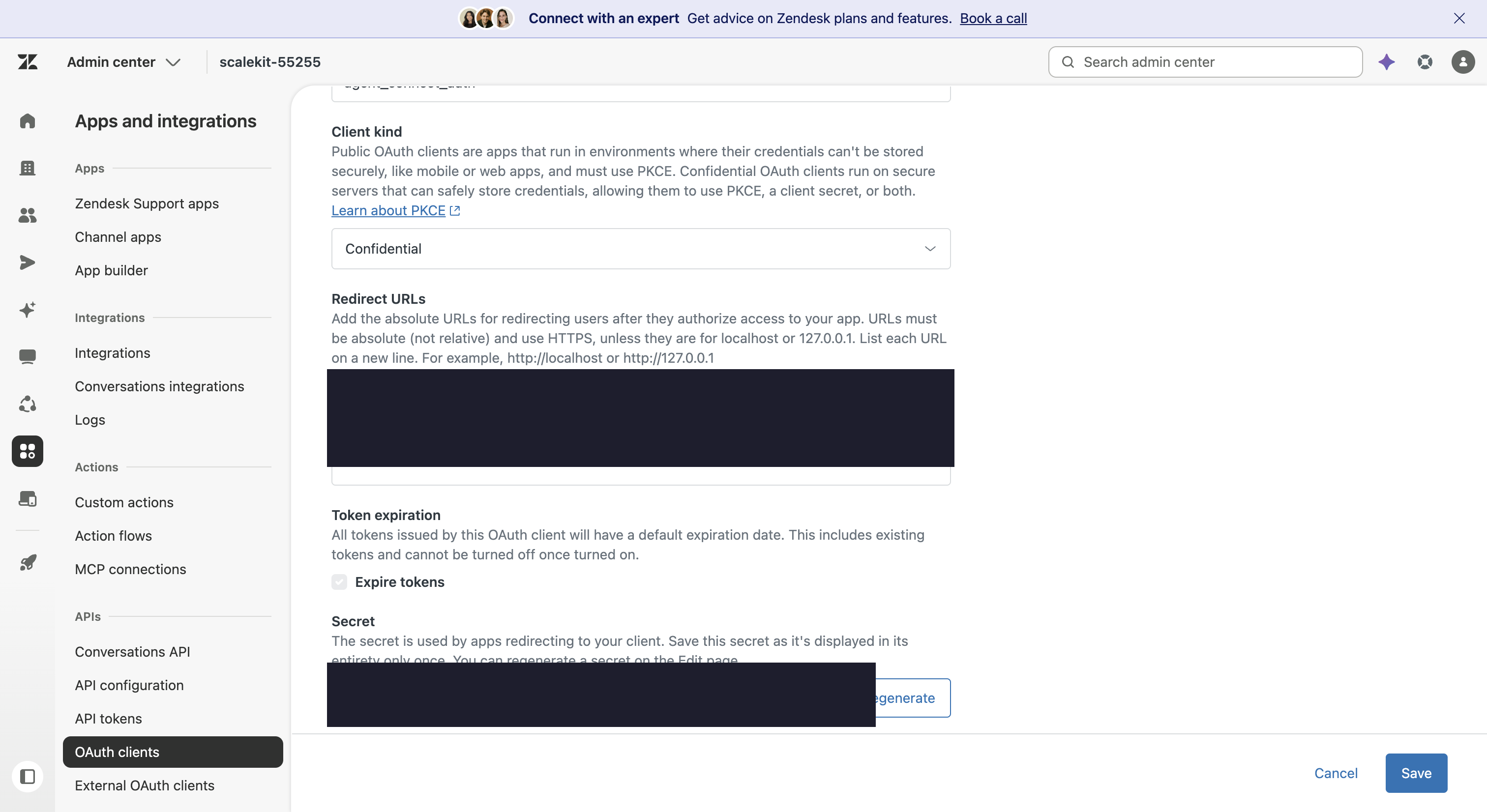Zendesk OAuth client form showing the Redirect URLs saved and the Secret field