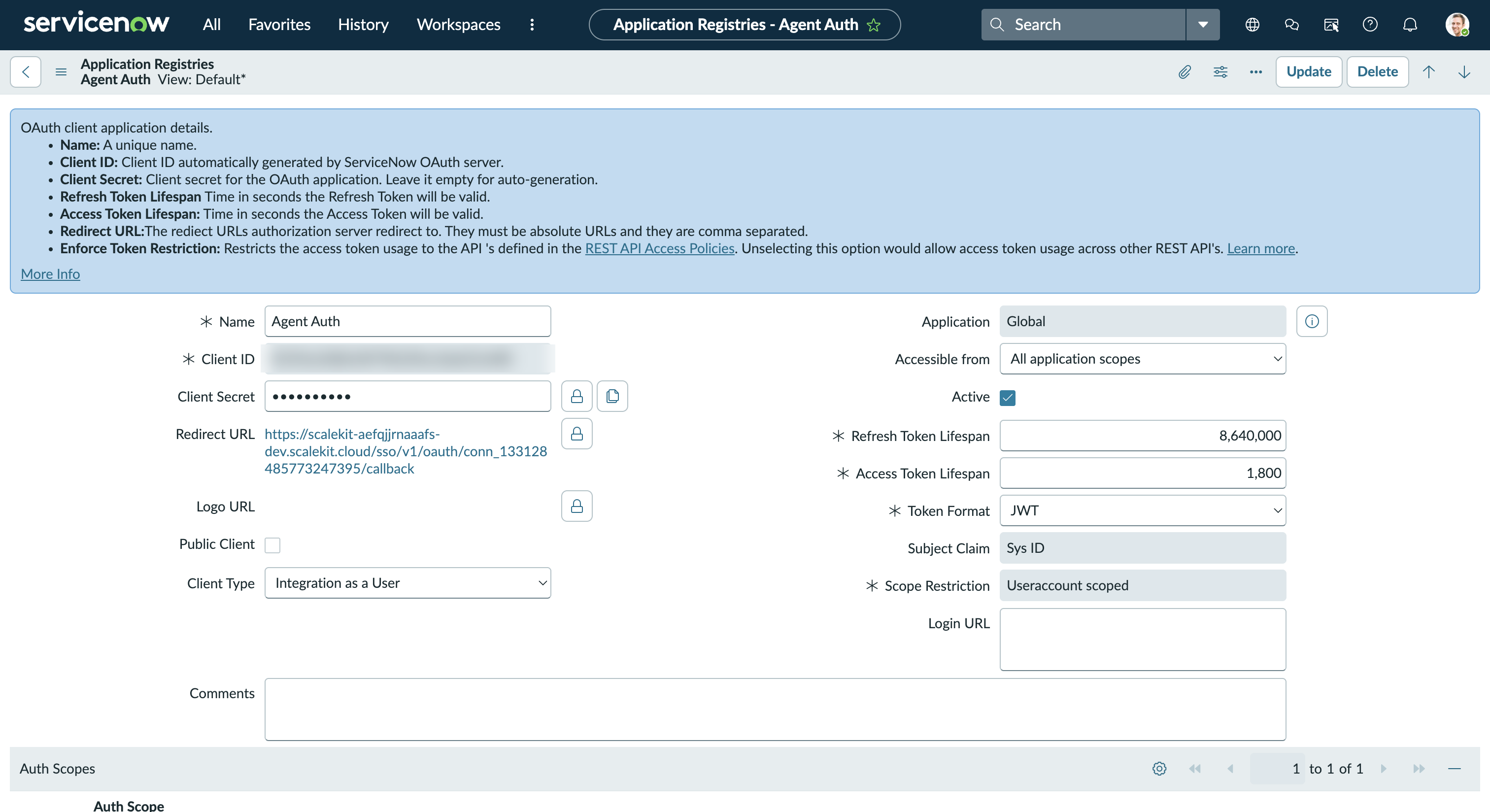 ServiceNow OAuth application record showing Client ID, Client Secret, and Redirect URL fields