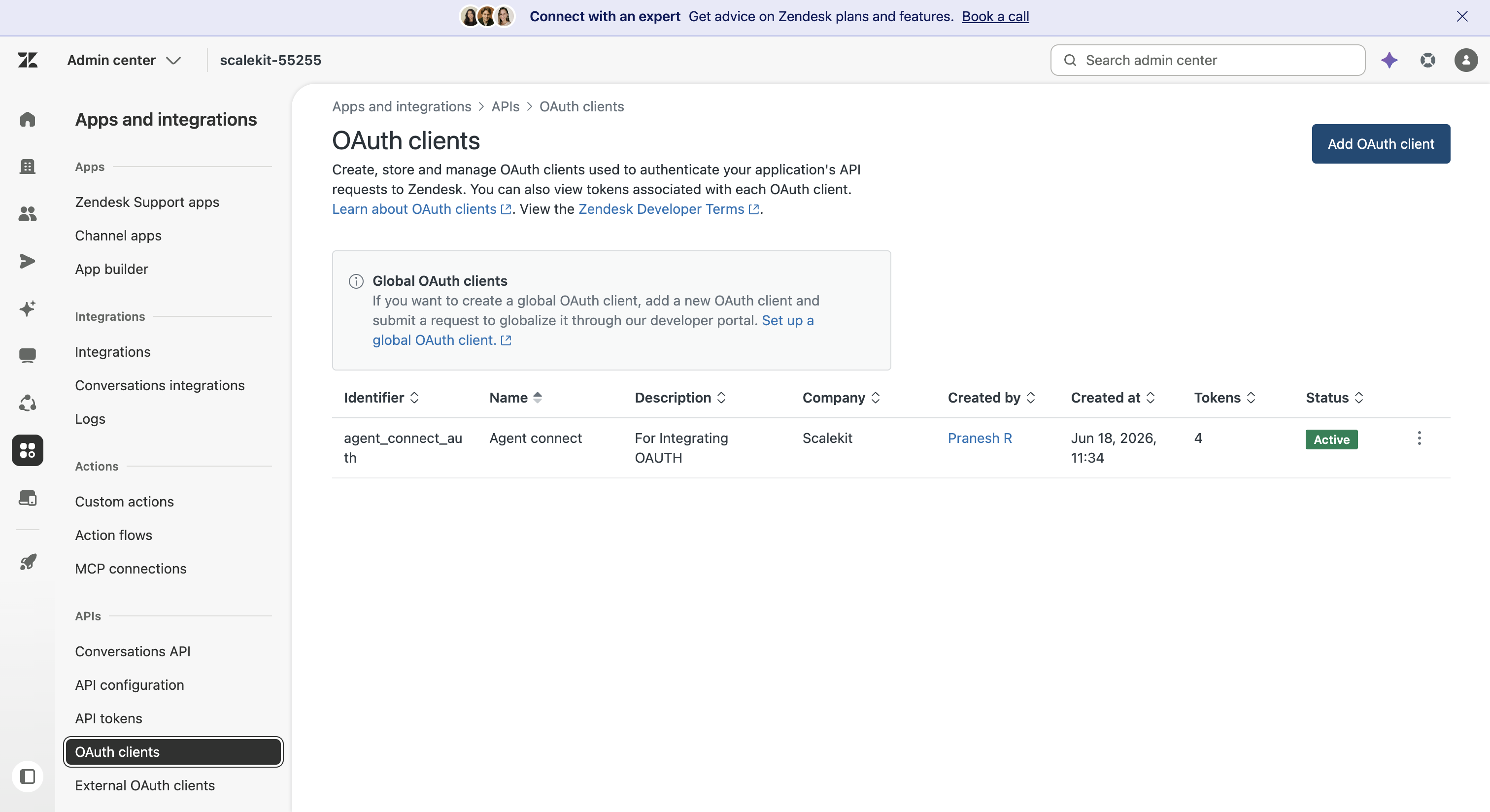 Zendesk Admin Center showing the OAuth clients list with an Add OAuth client button