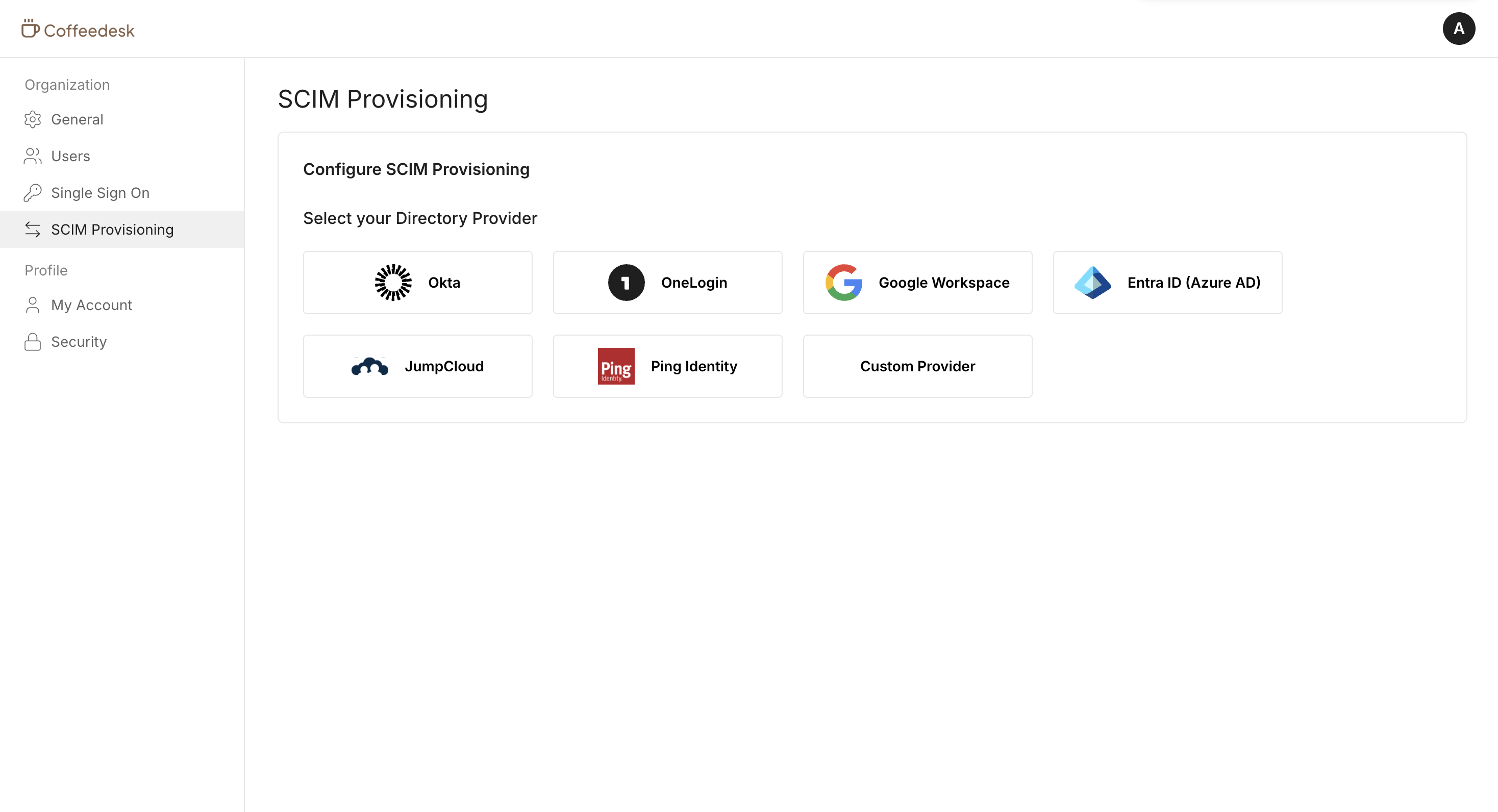 SCIM provisioning widget prompting the user to select a directory provider such as Okta, OneLogin, Google Workspace, or Entra ID