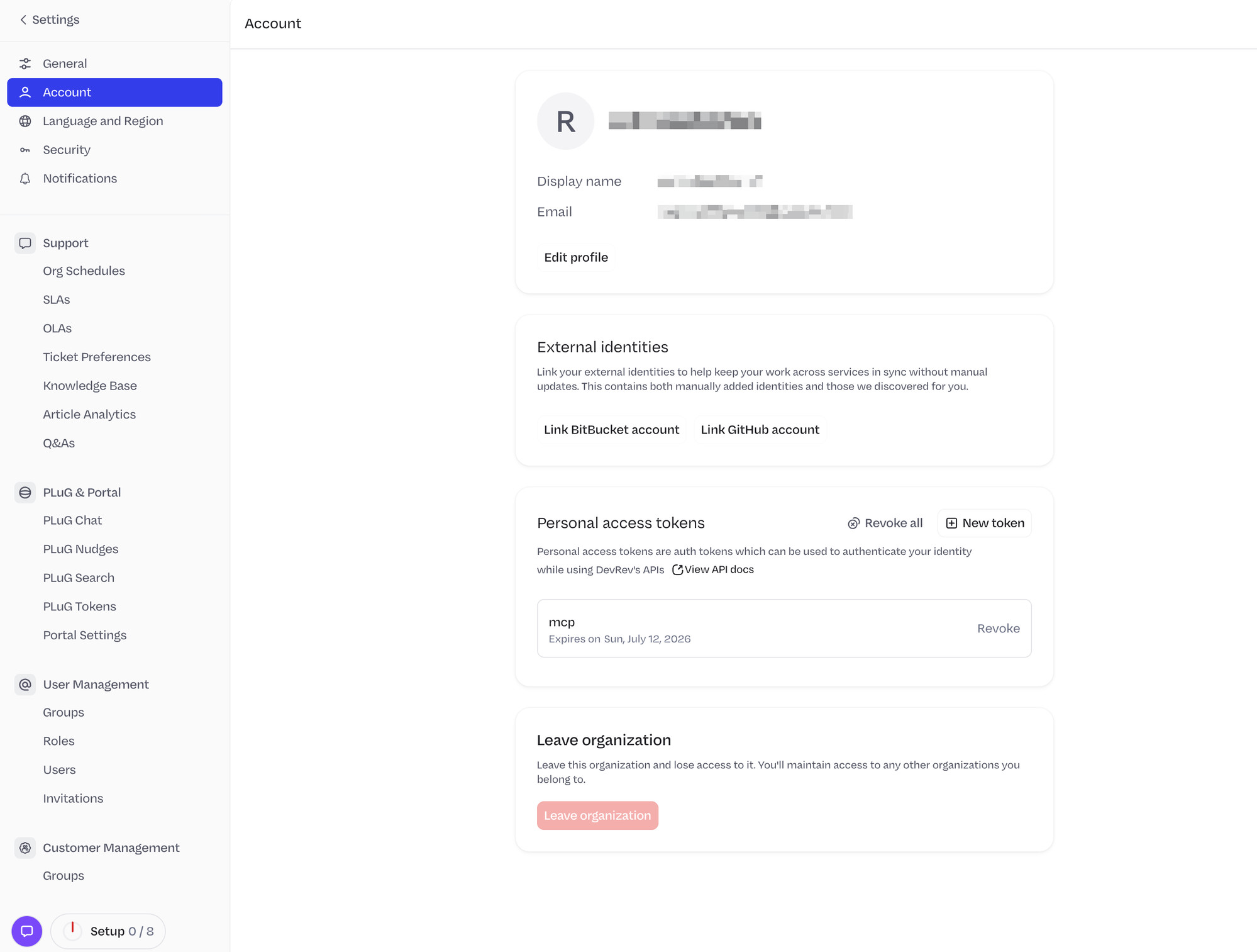 DevRev Account Settings showing Personal access tokens section