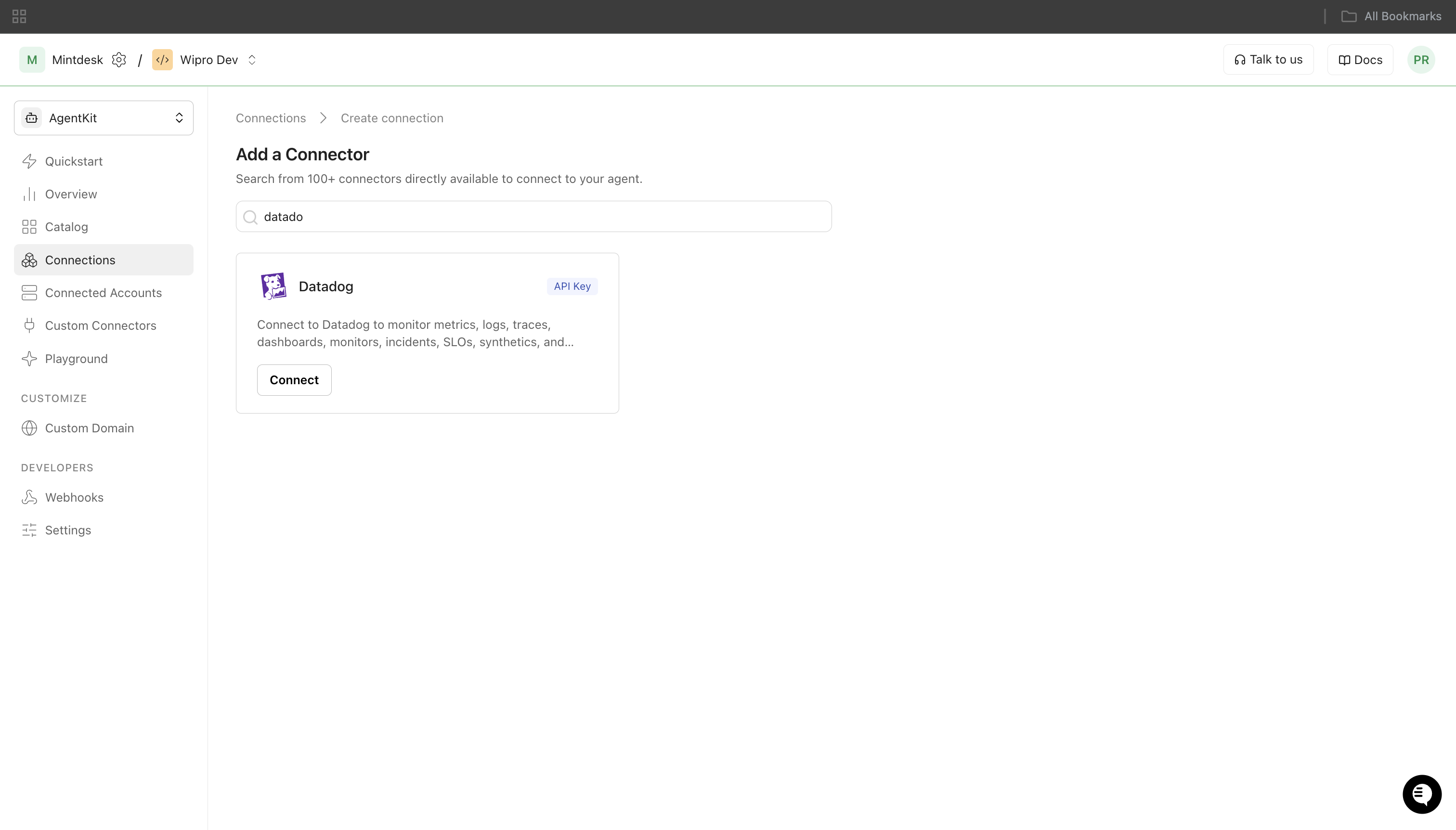 Datadog connector shown in Scalekit's Create Connection search
