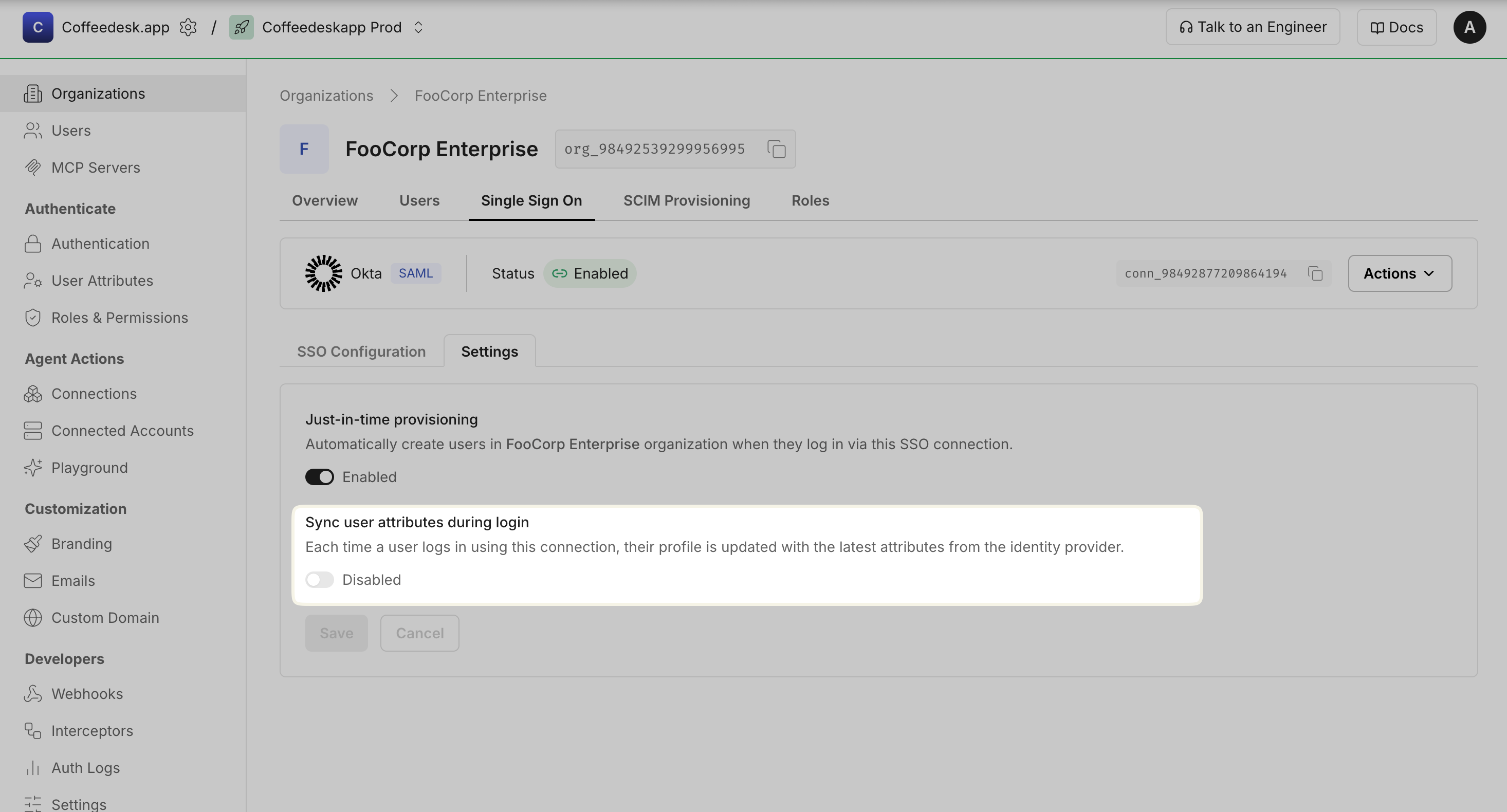 Single Sign On Settings tab highlighting the Sync user attributes during login toggle below the Just-in-time provisioning setting