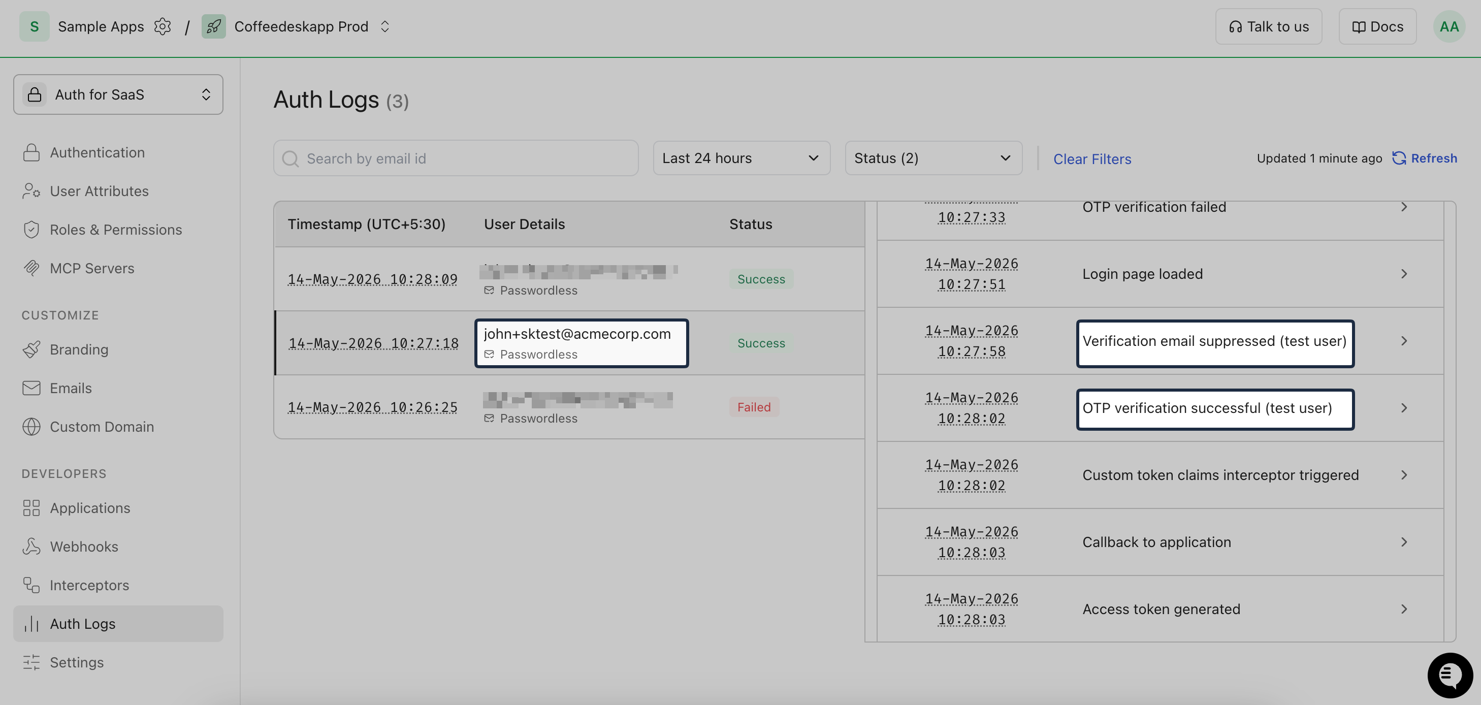 Auth log showing test-user events