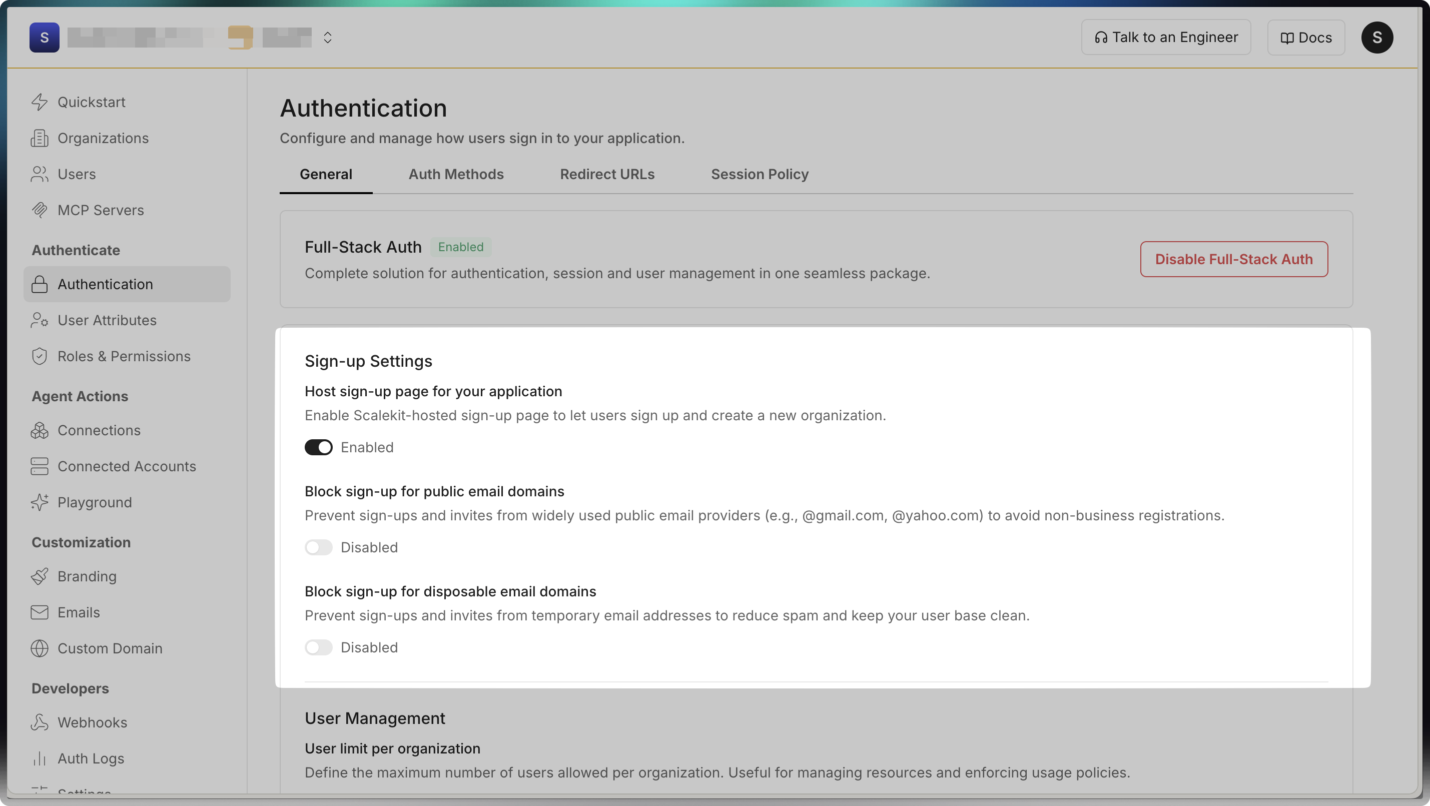 Authentication General tab showing Sign-up Settings with toggles to block sign-up for public email domains and disposable email domains