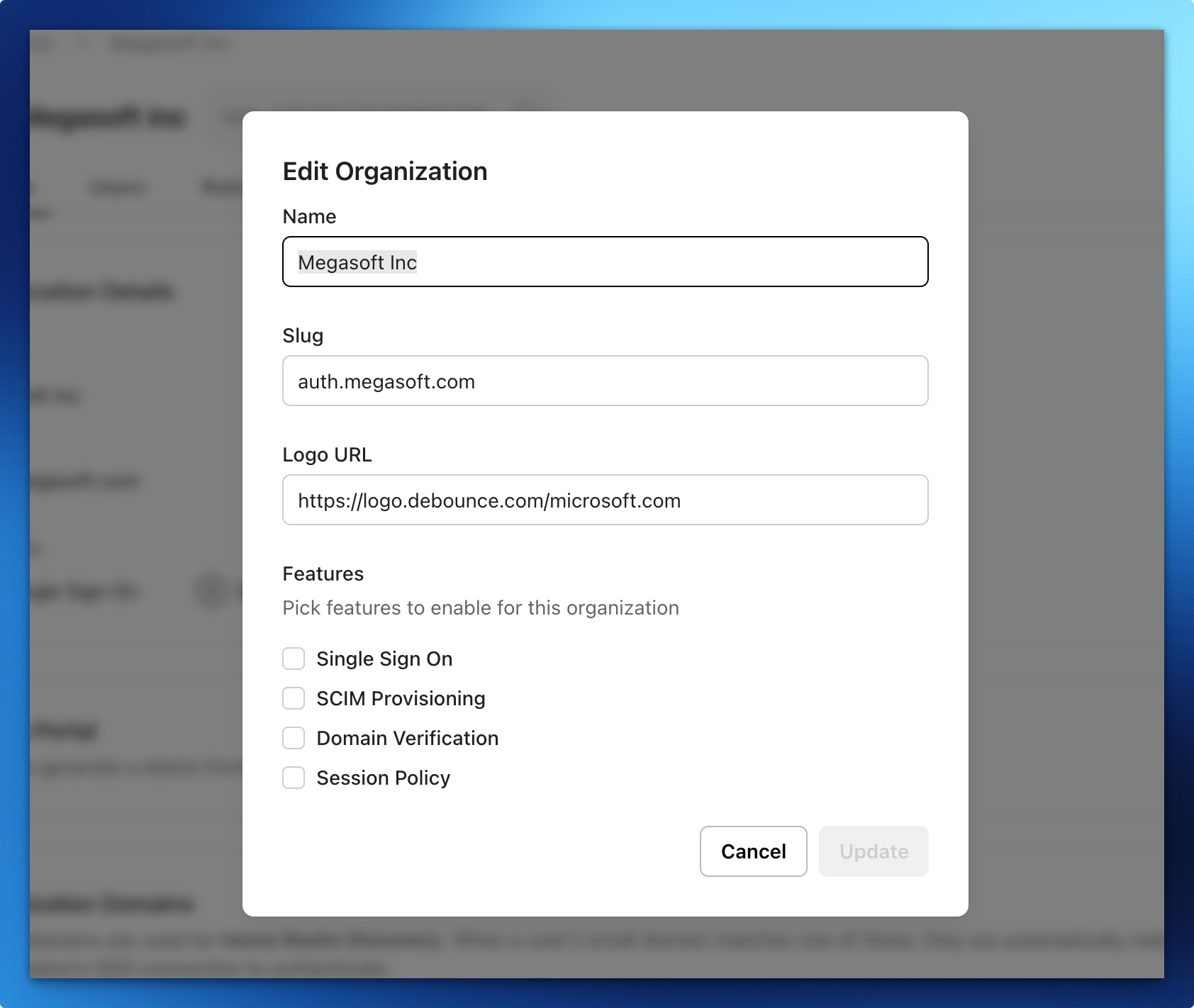 Edit Organization dialog showing the Slug and Logo URL fields