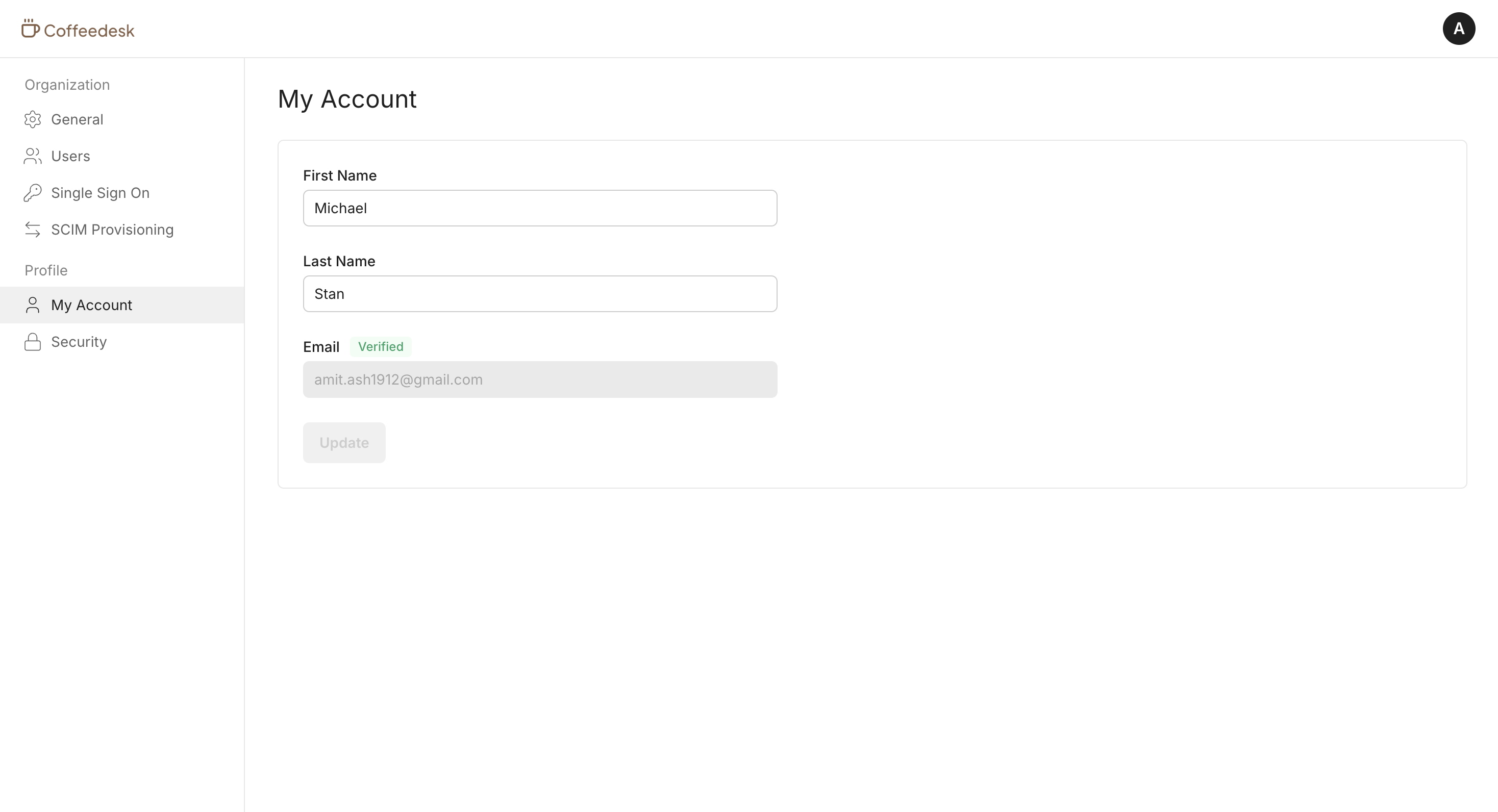 My Account widget showing editable first name and last name fields and a verified email address