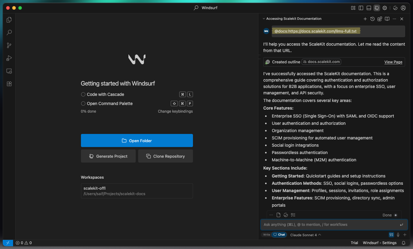 Windsurf editor with the Cascade chat panel answering a question using indexed Scalekit documentation