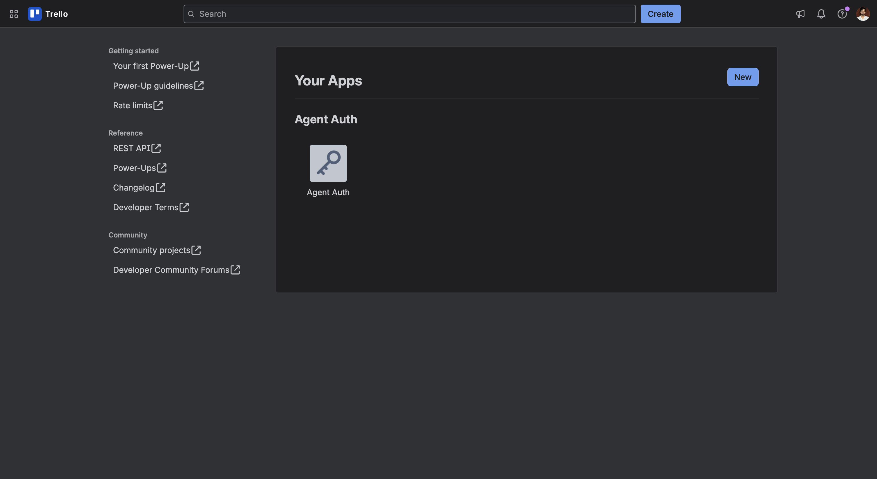 Trello Power-Ups admin Your Apps page showing an Agent Auth app